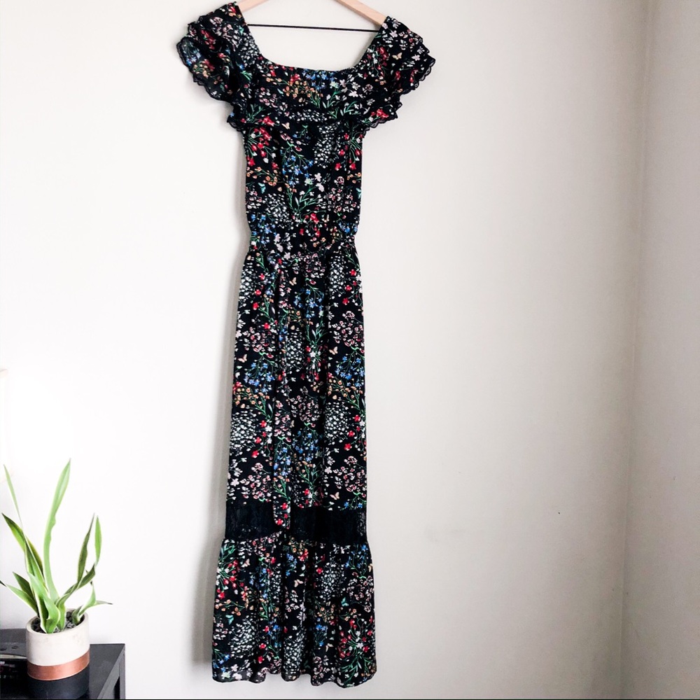 Philosophy Black Floral Maxi Dress with Red, Blue and Green Accents